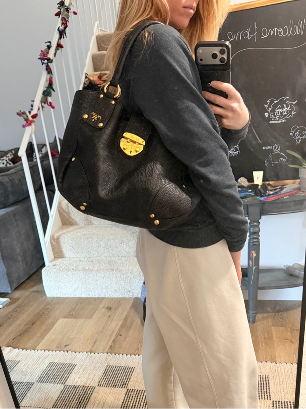 Prada Black Pebbled Leather Shoulder Bag with Gold-Tone Hardware - Picture 7 of 9